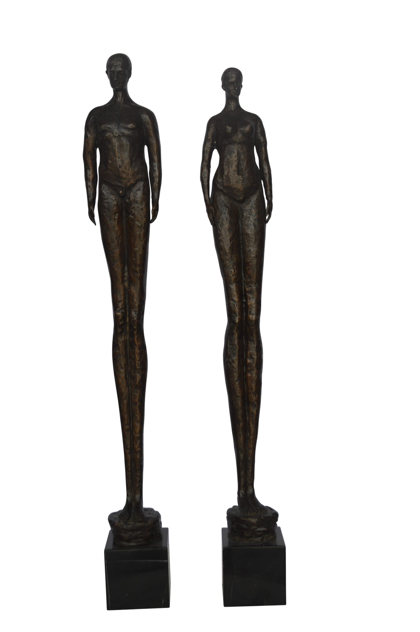 Modern art Pair, tall couple standing bronze statue - Size: 5"L x 5"W x 45"H.