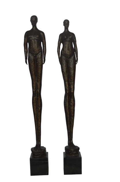 Modern art Pair, tall couple standing bronze statue - Size: 5"L x 5"W x 45"H.