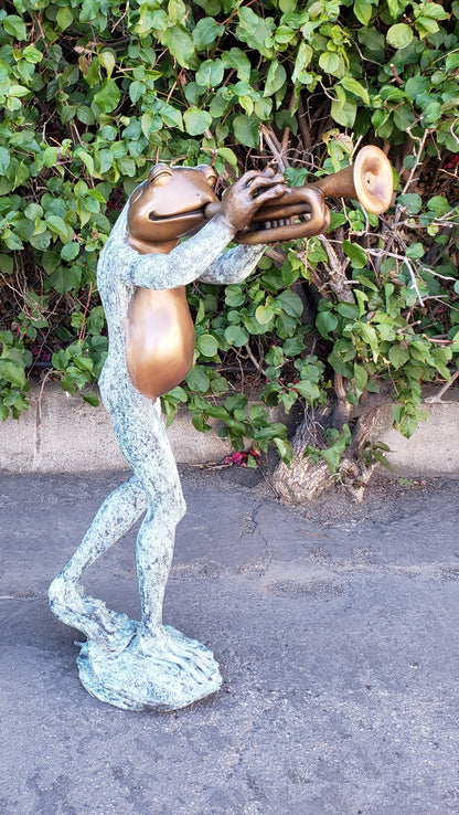 Pair of Musical Frogs Playing Instruments Bronze Statue Size: 16" x 13" x 33"H