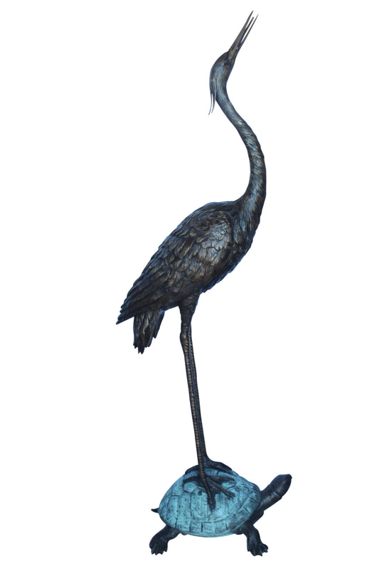 Blue Heron looking up on turtle bronze statue fountain  Size: 21" x 16" x 71"H.