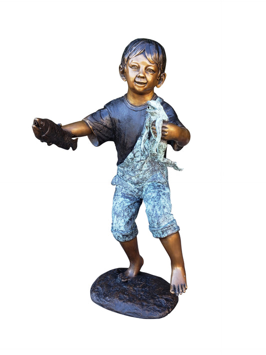 Playful Young Boy with Fish and Frog Bronze Statue Fountain  19" x 16" x 32"H