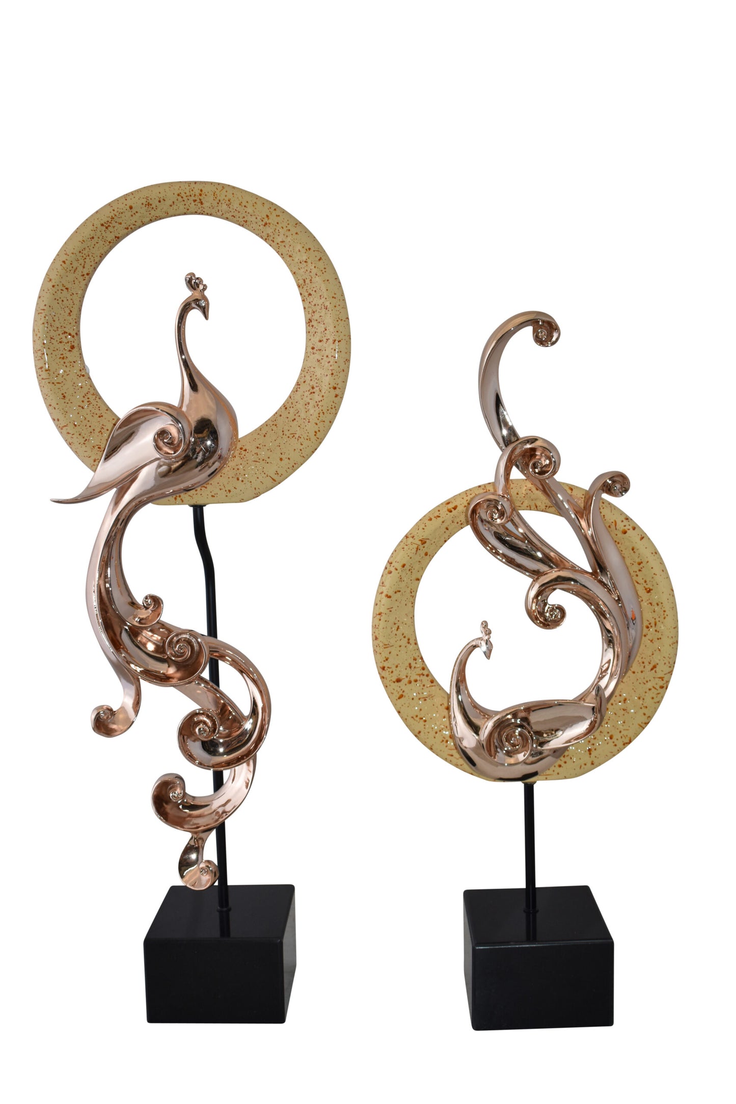 Set of Graceful Rose Gold Finished Peacocks Resin Statue Size: 11" x 6" x 28"H