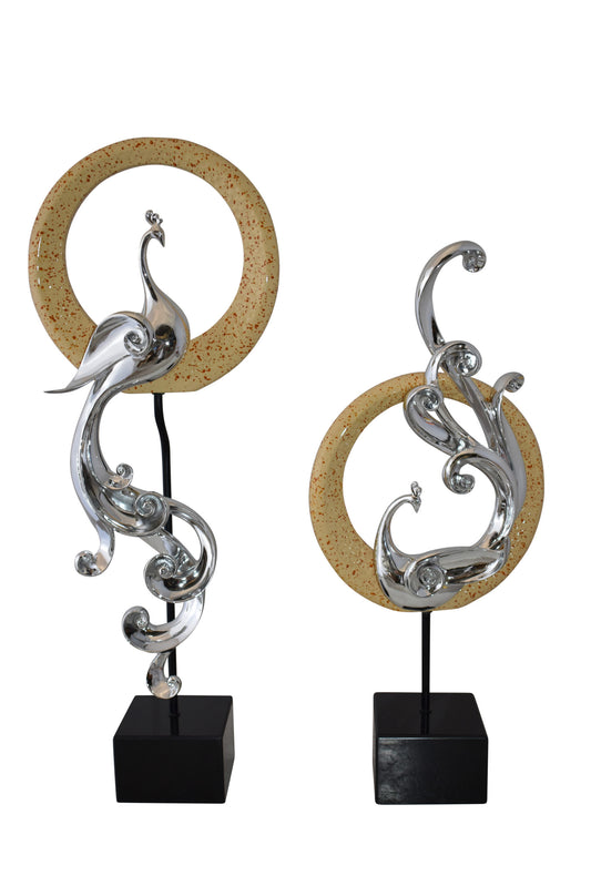 Set of Graceful Silver Finish Peacocks Resin Statue Size: 11" x 6" x 28"H