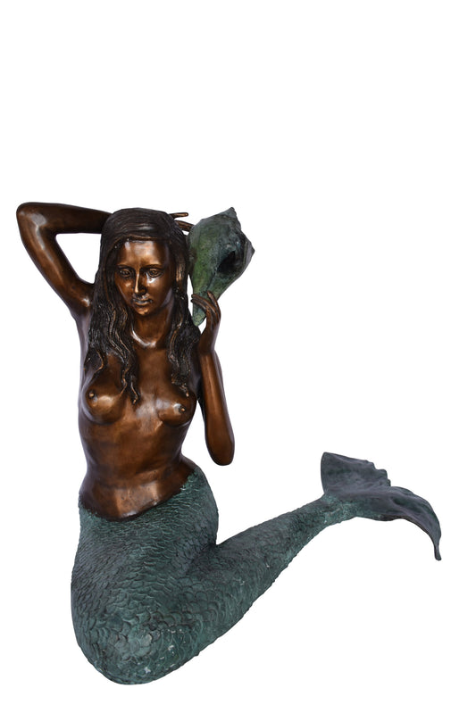 Mermaid Sitting Holding A Shell Bronze Fountain Art Nude 28" x 25" x 28"H
