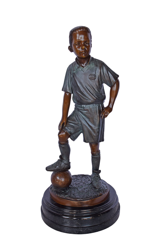 Soccer Boy Player in Action Bronze Statue on Marble - Size: 12"L x 12"W x 26"H.