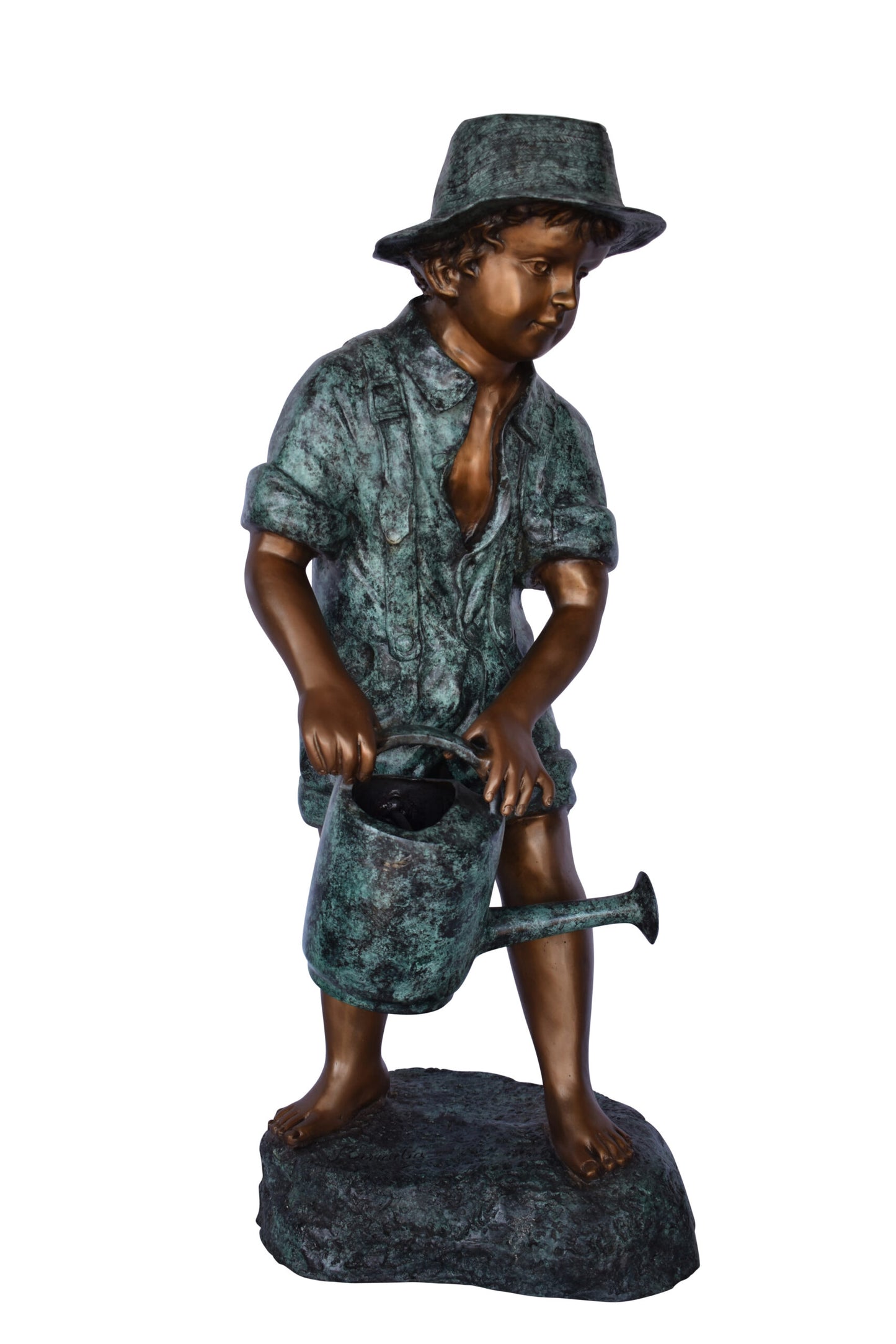 Standing Boy with Watering Can Bronze Statue - Size: 15"L x 15"W x 39"H.