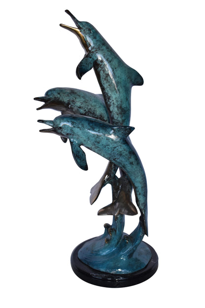 Three Dolphins Jumping of The Ocean Bronze Statue on Marble  12" x 12" x 25"H