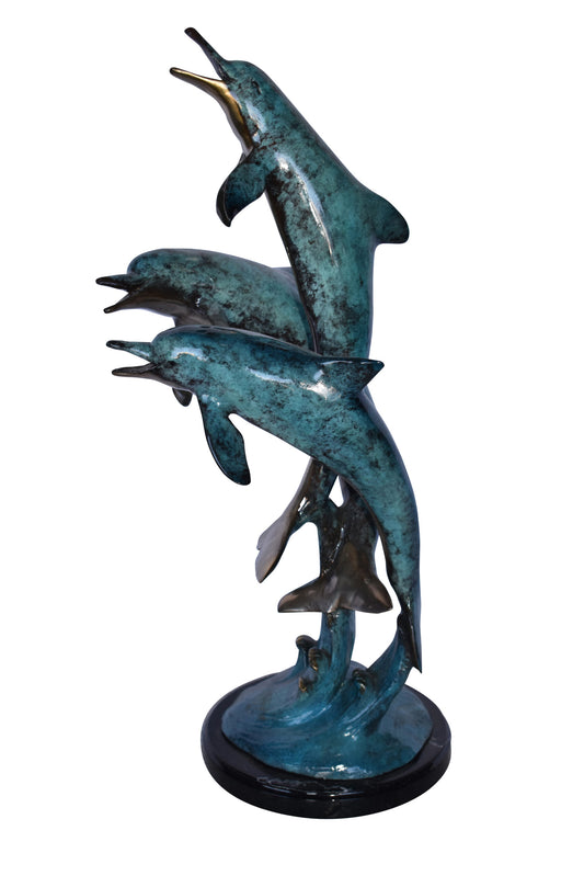 Three Dolphins Jumping of The Ocean Bronze Statue on Marble  12" x 12" x 25"H