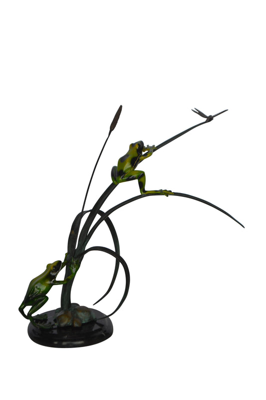 Two Green Frogs catching a dragonfly Bronze Statue - Size: 17"L x 10"W x 13"H.