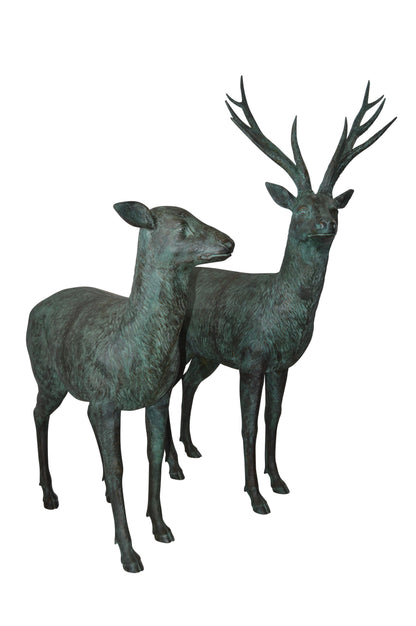 Pair of life size deer bronze statue with Green Patina - Size: 17" x 44" x 52"H.
