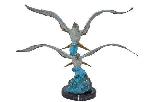 A Pair of Seagulls flying Bronze Statue Tabletop - Size: 15"L x 35"W x 26"H.