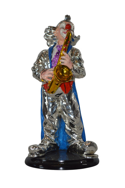 Clown Plays the Saxophone Resin Statue Silver finish - Size: 6"L x 6"W x 14"H.