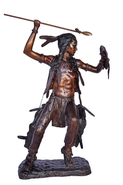 Indian Worrier Throwing a Spear Bronze Statue - Size: 15"L x 23"W x 38"H.