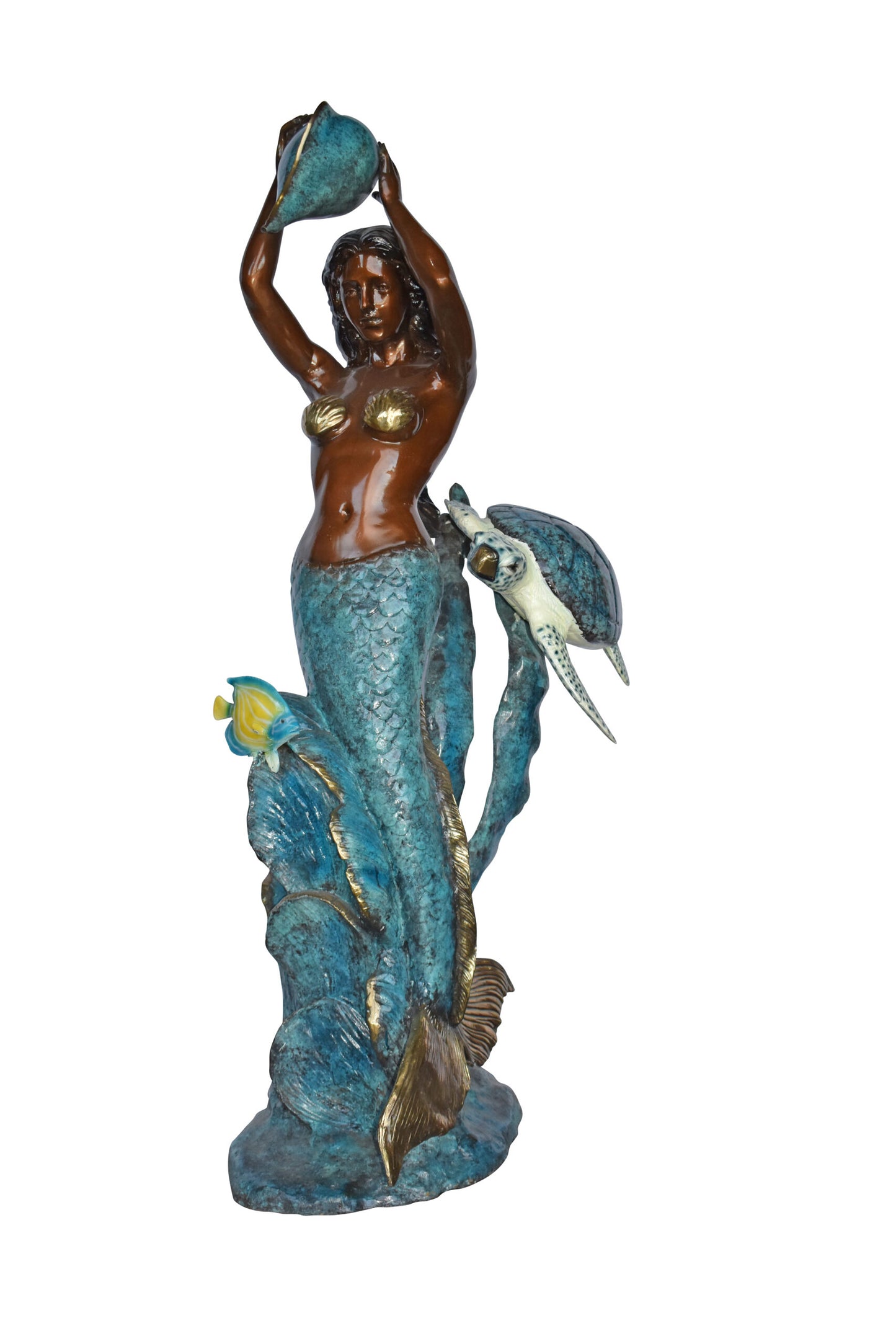 Mermaid Holding a Shell Fountain W Turtle Bronze Statue - Size: 32" x 19" x 60"H