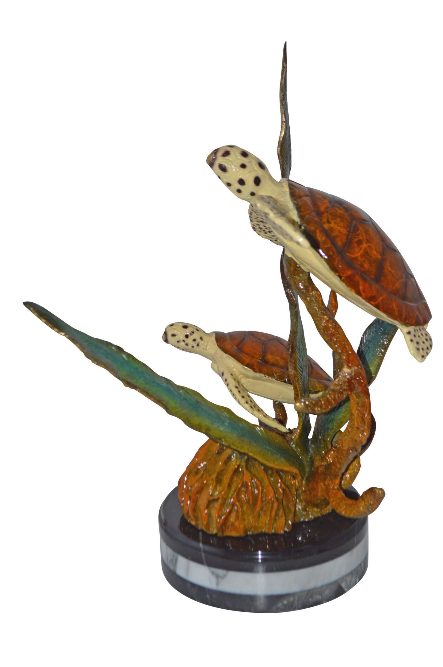 Two Brown Sea Turtles Swimming Bronze Statue - Size: 12"L x 16"W x 19"H.