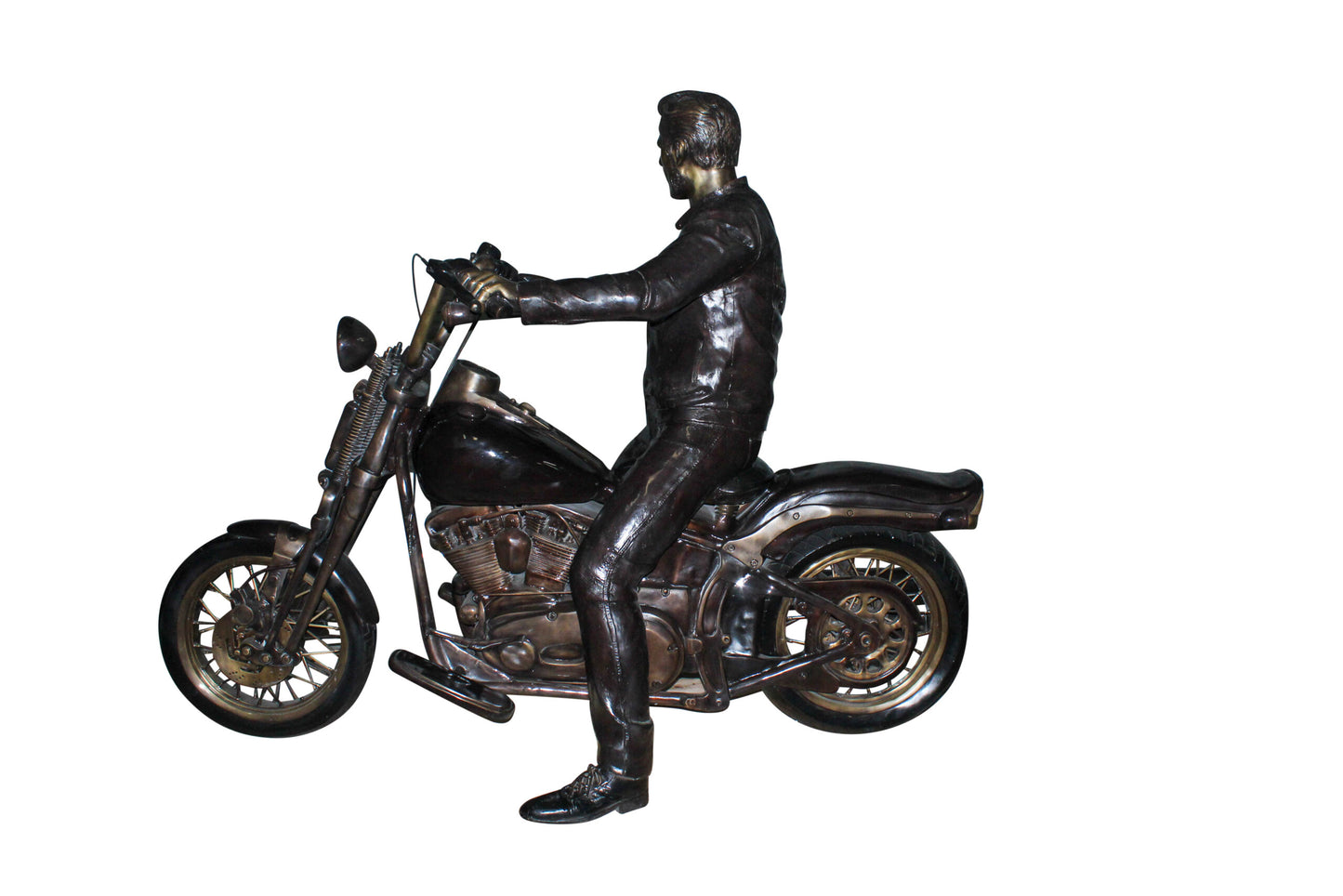 Bronze Sculpture of Man on His Motorcycle Life Size  94" x 50" x 72"H