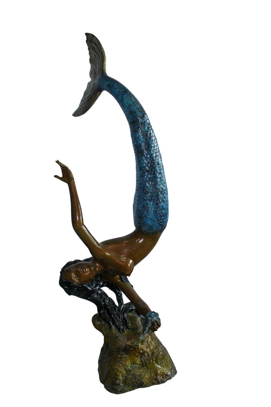 Large Bronze Mermaid Fountain Statue With Blue Tail 37" x 30" x 85"H