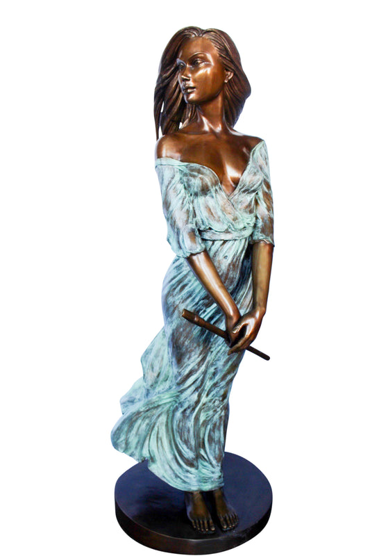 Beautifully exotic flutist women bronze statue -  Size: 34"L x 25"W x 68"H.