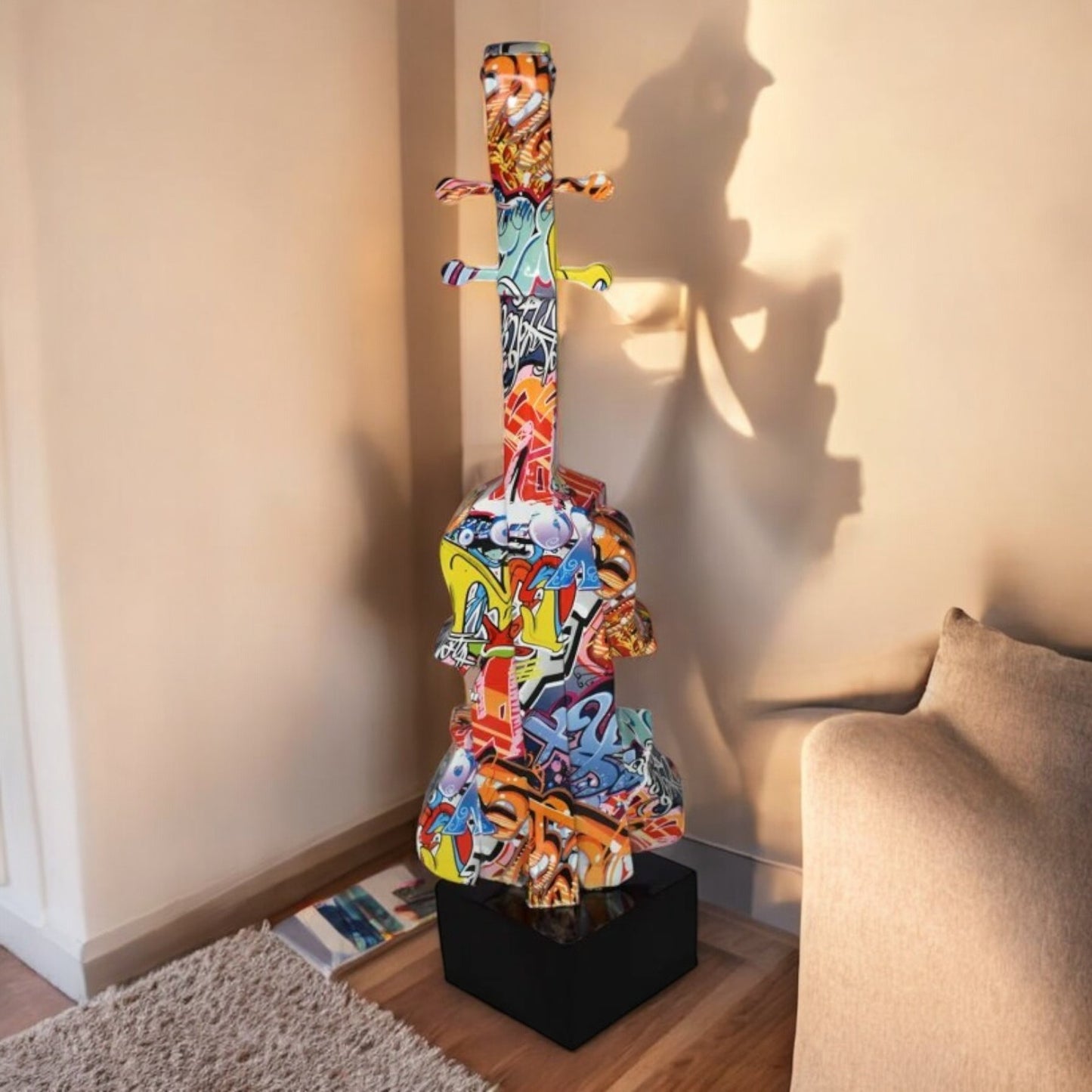 Artistic Graffiti Violin Resin Statue Mounted on  a Base Size: 9" x 10" x 26"H