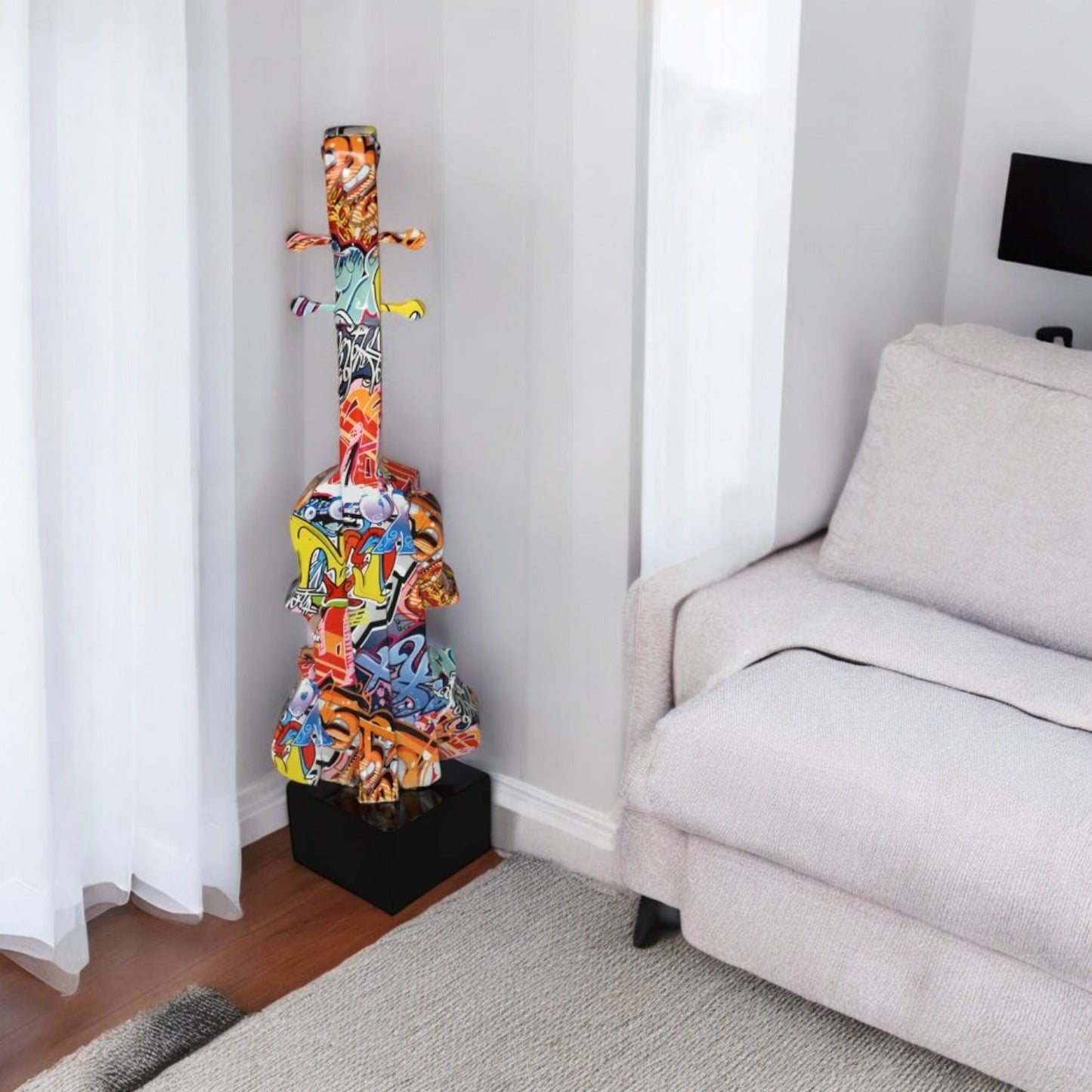 Artistic Graffiti Violin Resin Statue Mounted on  a Base Size: 9" x 10" x 26"H