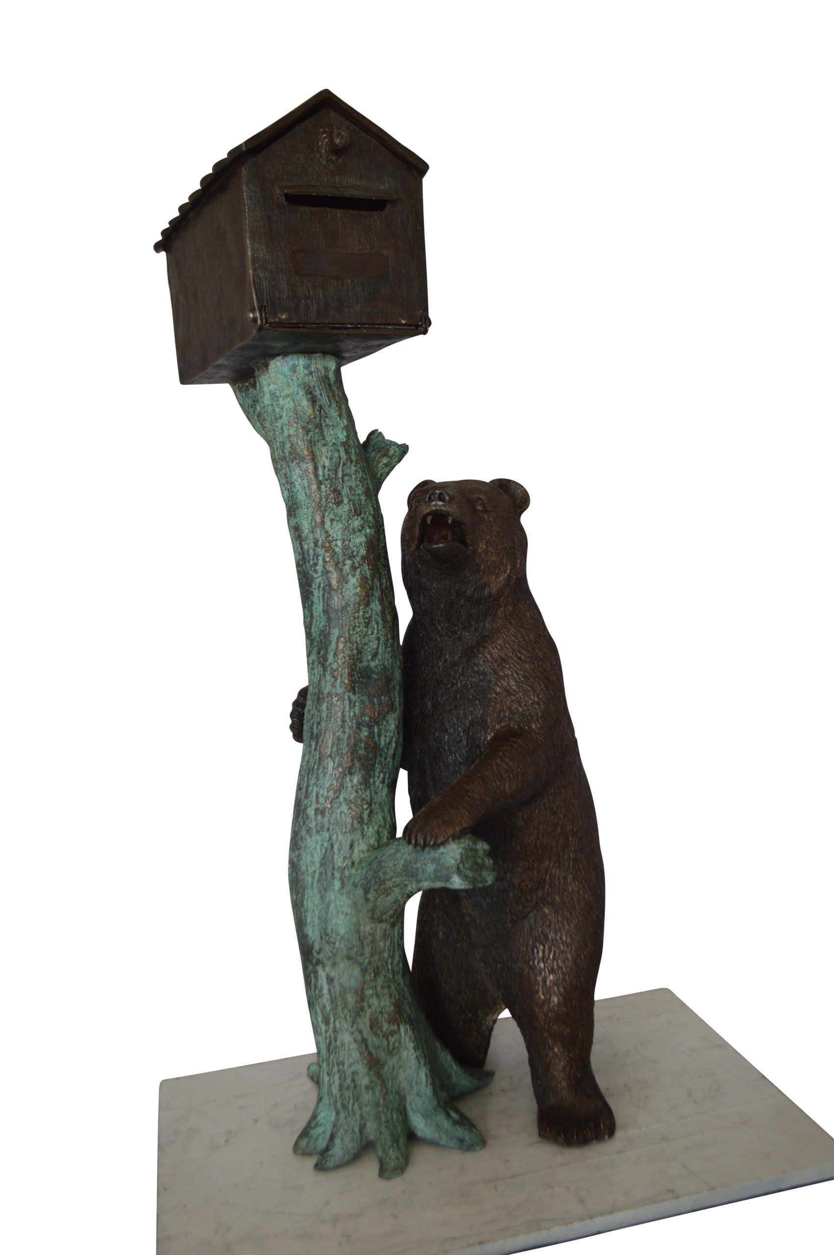Bear beside a Tree with Mailbox Bronze Statue -  Size: 19"L x 20"W x 50"H. 