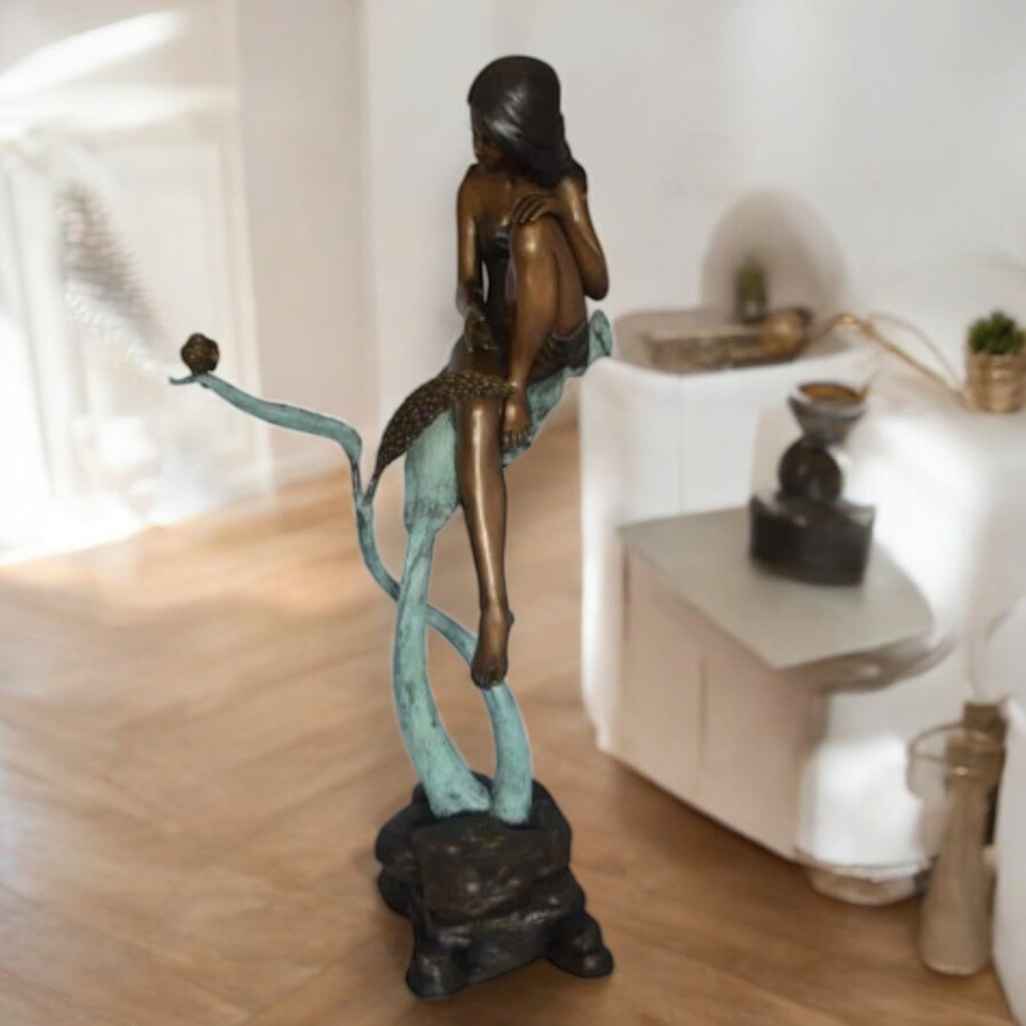 Beautiful Young Girl Sitting on a Tree Bronze Statue -  35"L x 50"W x 55"H.