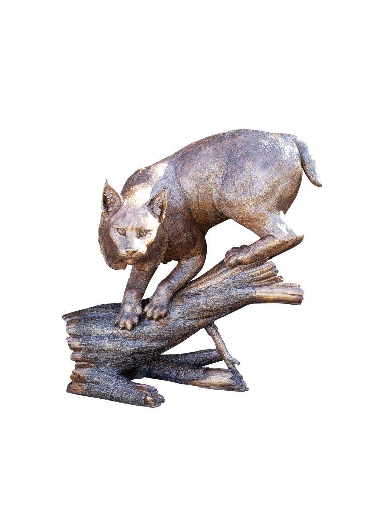 Bobcat Going Down a Tree Log Bronze Statue -  Size: 43"L x 25"W x 41"H.