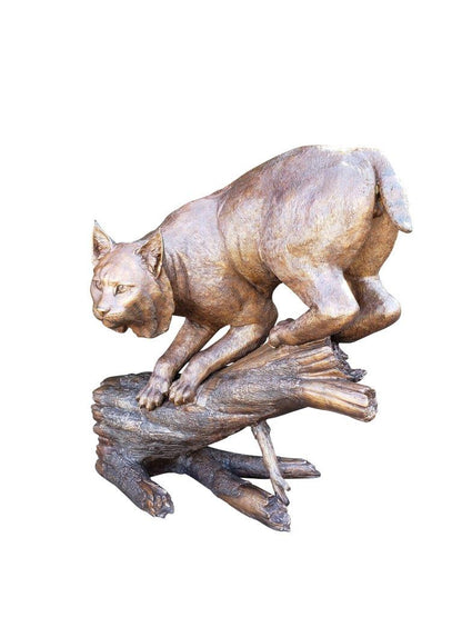 Bobcat Going Down a Tree Log Bronze Statue -  Size: 43"L x 25"W x 41"H.