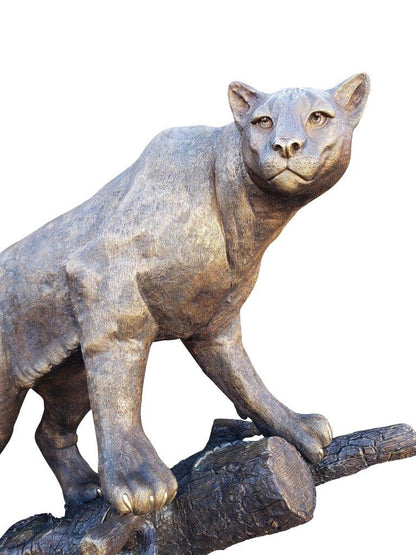 Mountain Lion Going Up a Tree Log Bronze Statue -  Size: 42"L x 65"W x 69"H.