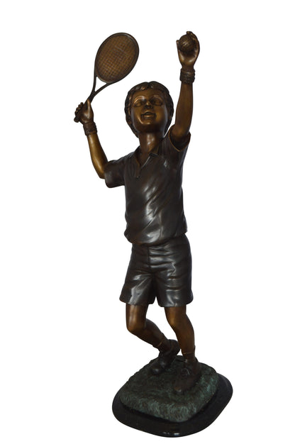 Boy Playing Tennis Bronze Statue -  Size: 12"L x 8"W x 25"H. 