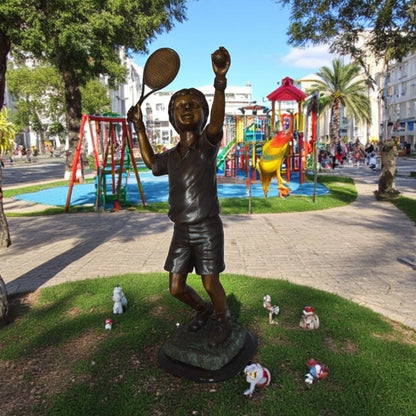 Boy Playing Tennis Bronze Statue -  Size: 12"L x 8"W x 25"H.