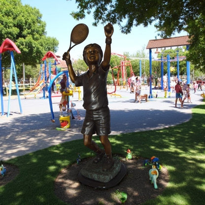 Boy Playing Tennis Bronze Statue -  Size: 12"L x 8"W x 25"H.