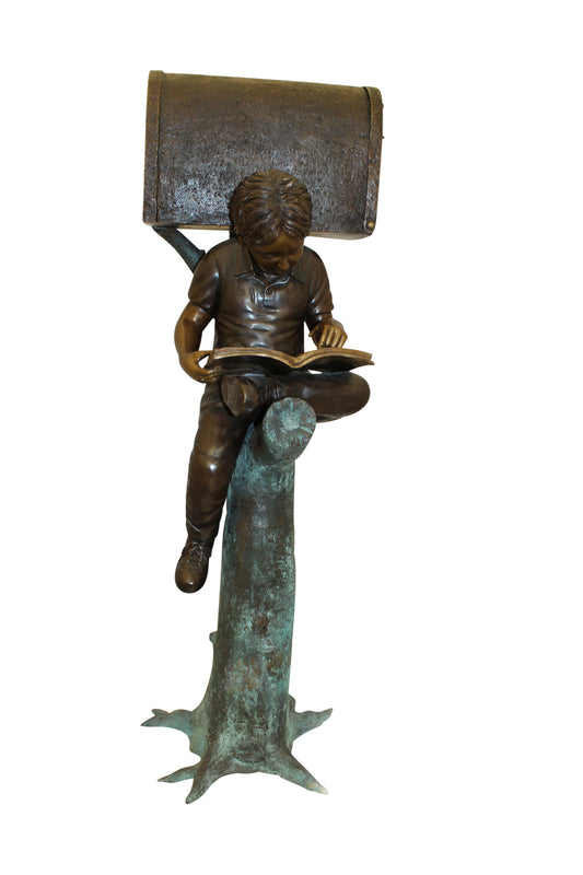 Boy Sitting by a Mailbox reading a book Bronze Statue -  16"L x 20"W x 50"H. 
