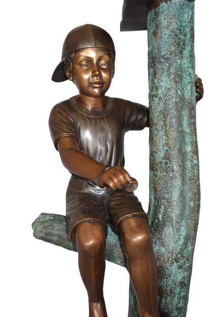 Boy Sitting on a Tree with Mailbox Bronze Statue -  Size: 22"L x 23"W x 49"H. 