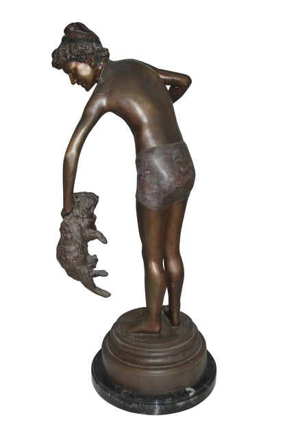 Boy holding a Dog and a Bird Bronze Statue -  Size: 15"L x 15"W x 36"H. 