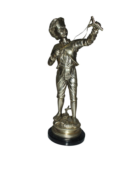 Boy with a Sling Bronze Statue -  Size: 10"L x 6.5"W x 21.5"H. 