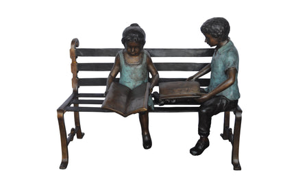 Boy And Girl Reading Books on Bench Bronze Statue -  Size: 48"L x 29"W x 39"H.