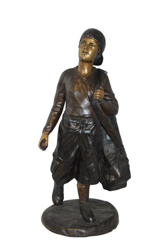 Boy Carrying A Golf Bag Bronze Statue -  Size: 15"L x 15"W x 38"H.