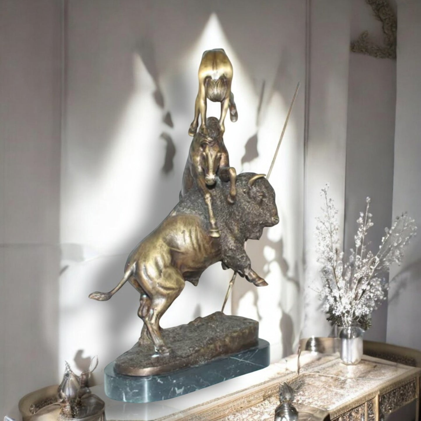 Nifao Bronze Finish Buffalo Horse Remington Inspired Sculpture - Western Decor Statue with Marble Base, Size: 14"L x 6"W x 20"H