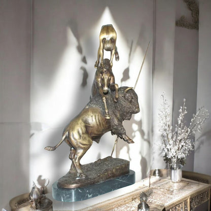 Nifao Bronze Finish Buffalo Horse Remington Inspired Sculpture - Western Decor Statue with Marble Base, Size: 14"L x 6"W x 20"H