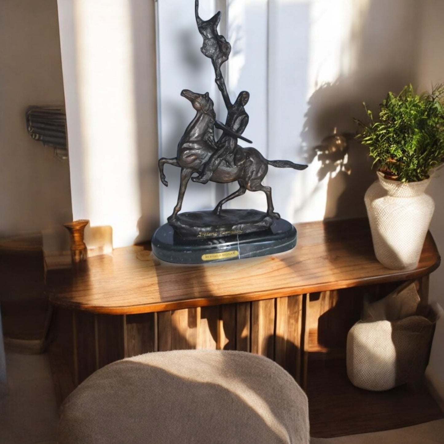 Buffalo Signal Bronze Statue by Remington 13H -  Size: 8"L x 3"W x 13"H.