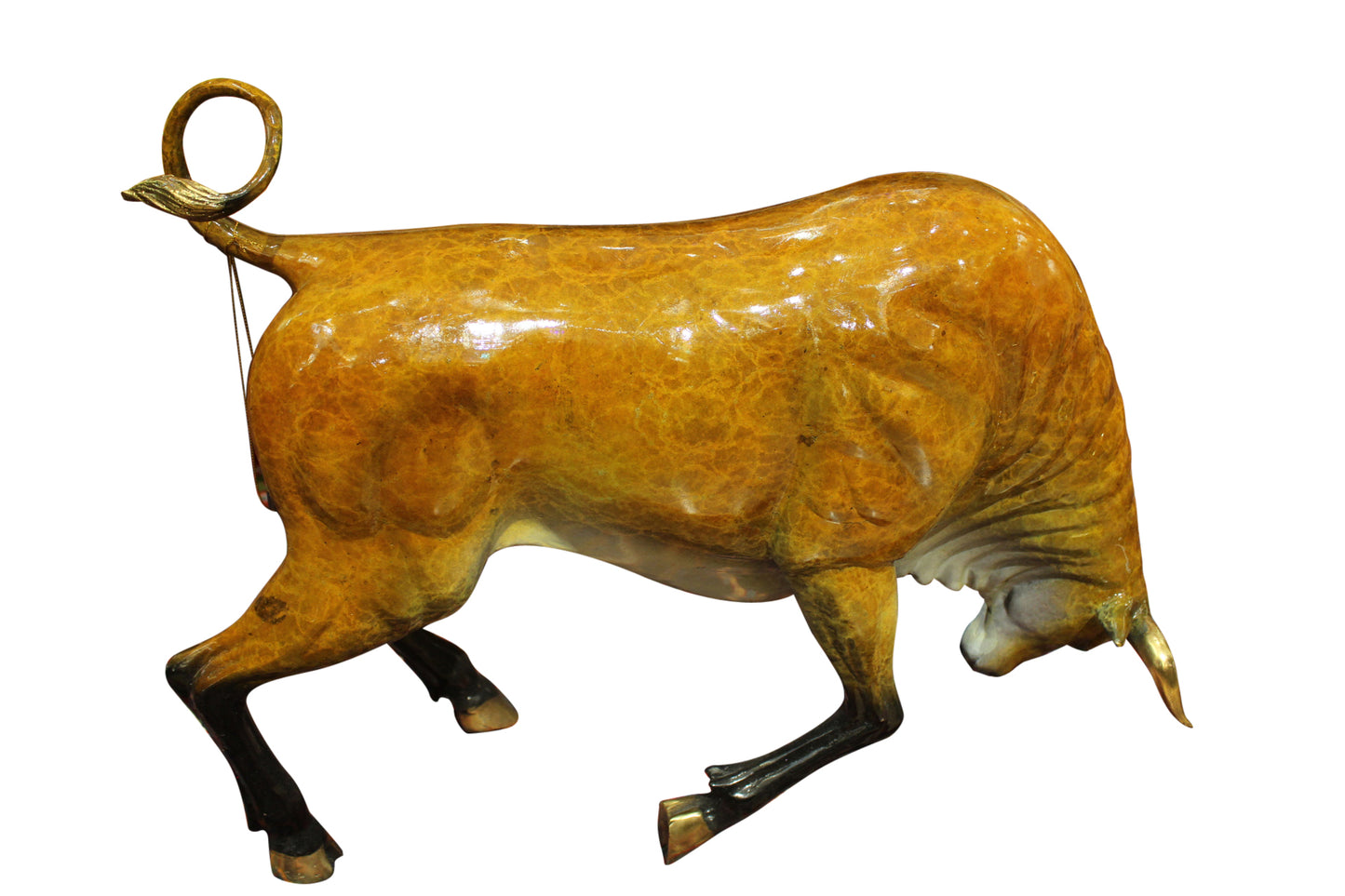 Bull Heads Down Small Bronze Statue -  Size: 24"L x 6"W x 16"H. 