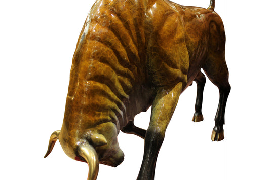 Bull Heads Down Small Bronze Statue -  Size: 24"L x 6"W x 16"H. 