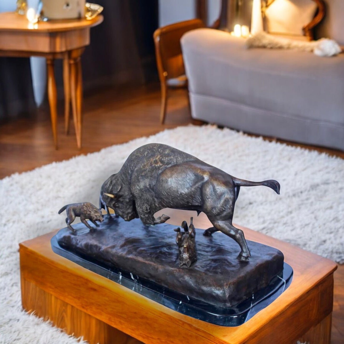 Charging bison v. Wolves bronze statue -  Size: 36"L x 17"W x 17"H.