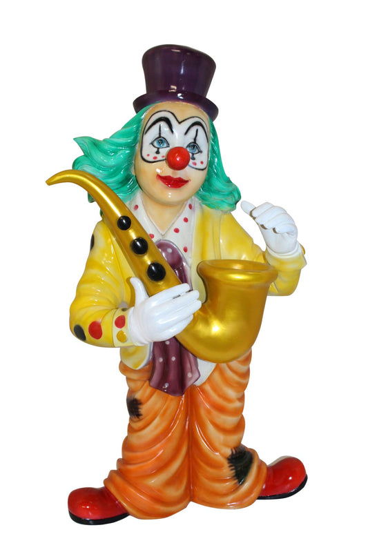 Clown Standing with Saxophone Bronze Statue -  Size: 20"L x 15"W x 36"H. 