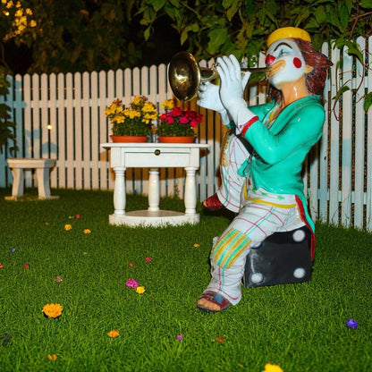 Colorful Clown Playing Instrument Bronze Statue -  Size: 18"L x 13"W x 31"H.