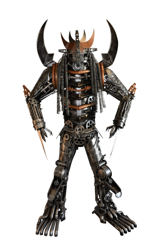 Colorfull impresive Statue of a warrier made of metal scraps 48" x 20" x 82"H