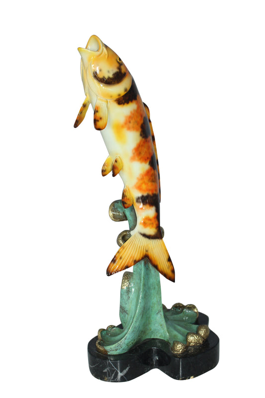 Coy Fish Jumping off the Water Bronze Statue -  Size: 10"L x 9"W x 22"H. 