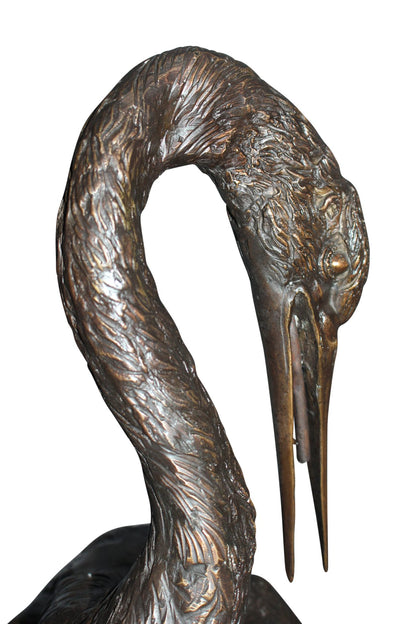Crane head down fountain Bronze Statue -  Size: 10"L x 9"W x 44"H. 