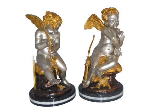 Cupid Boy On A Rock Bronze Statue  -  Size: 20"L x 15"W x 26"H. 